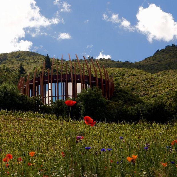 Außenansicht im Blumenmeer, Clos Apalta, Santa Cruz, Chile Rundreise