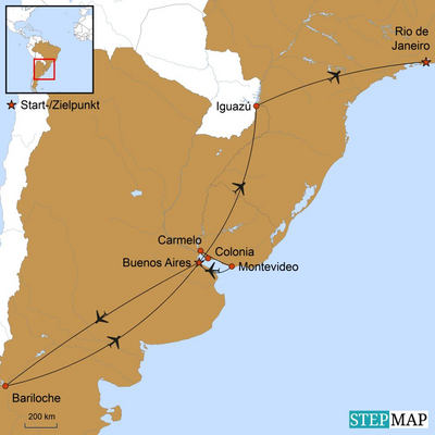 Eine Karte, die Teile von Argentinien, Brasilien und Uruguay mit dem entsprechenden Reiseverlauf zu dieser Reise enthält.