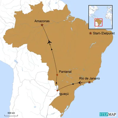 Karte, Reiseverlauf, Brasilien Rundreise