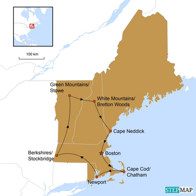 Karte mit Reiseroute, New England, USA Reisen
