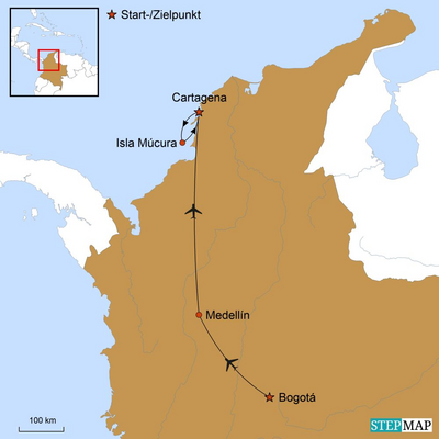Karte, Reiseverlauf, Kolumbiens Metropolen, Südamerika Rundreise