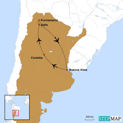 Die Karte zeigt die einzelnen Eckpunkte der Reise in Argentinien.