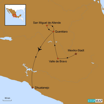 Karte, Mexiko Azteken Reise, Reiseverlauf