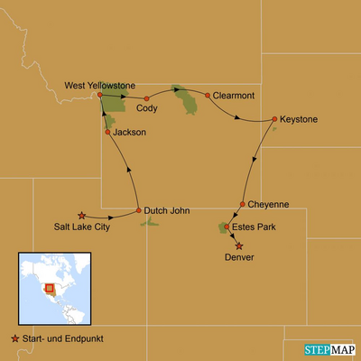 Karte, USA Mietwagenreise, Rocky Mountains und Yellowstone Nationalpark