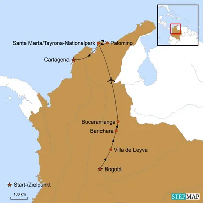 Reiseverlauf, Karte, Kolumbien Reise Von den Anden in Karibik