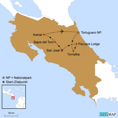 Rundreise Costa Rica, Dschungel Abenteuer, Karte